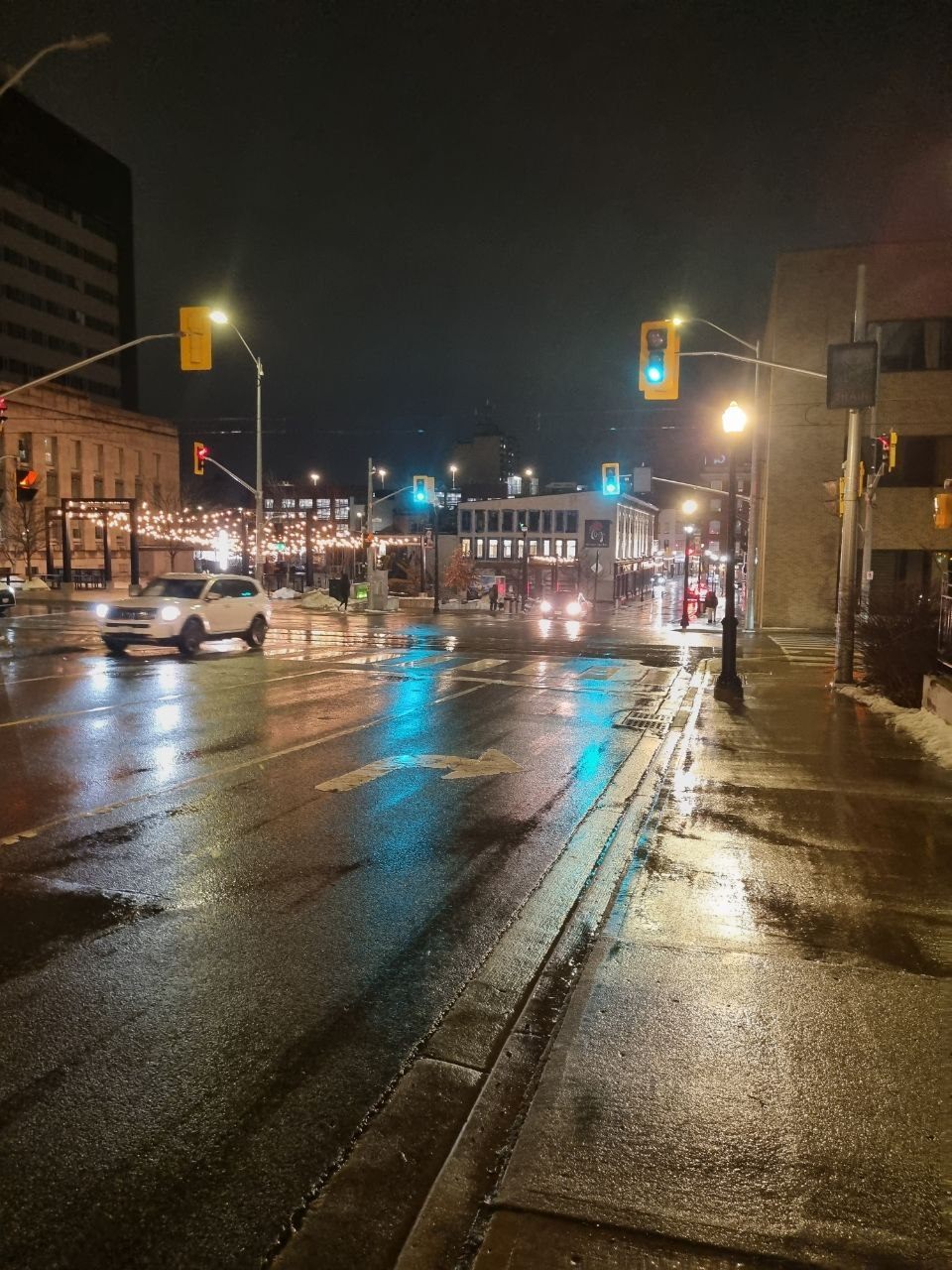Rainy city street at night in Eastern Canada