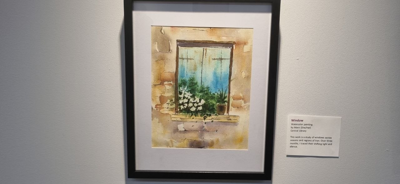 Framed watercolor painting Window at Kitchener Library Art Exhibition