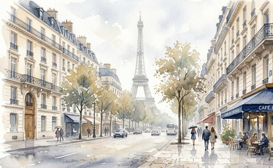 Watercolor view of a Paris street with the Eiffel Tower in the distance