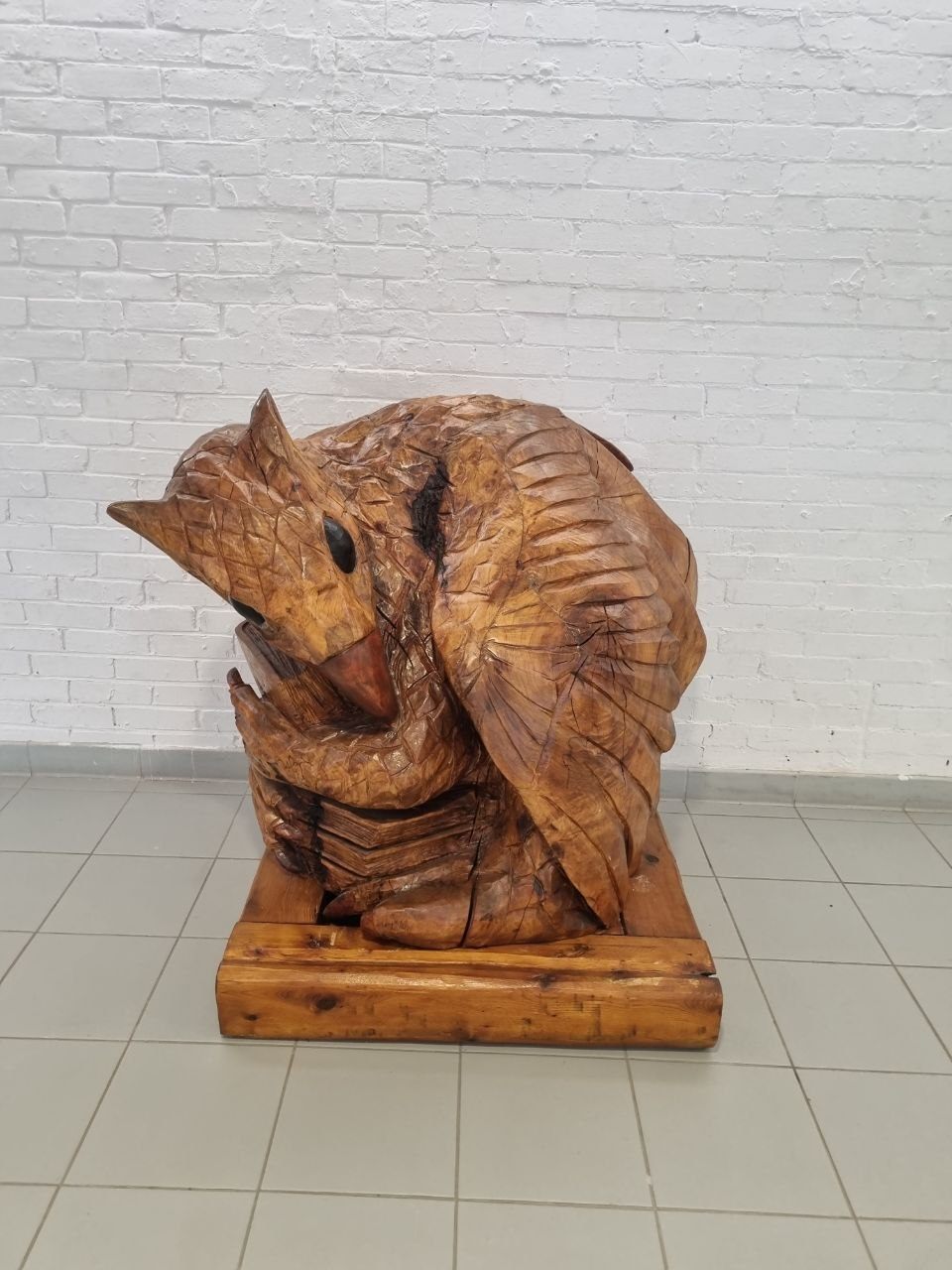 Wooden squirrel sculpture at the University of Guelph