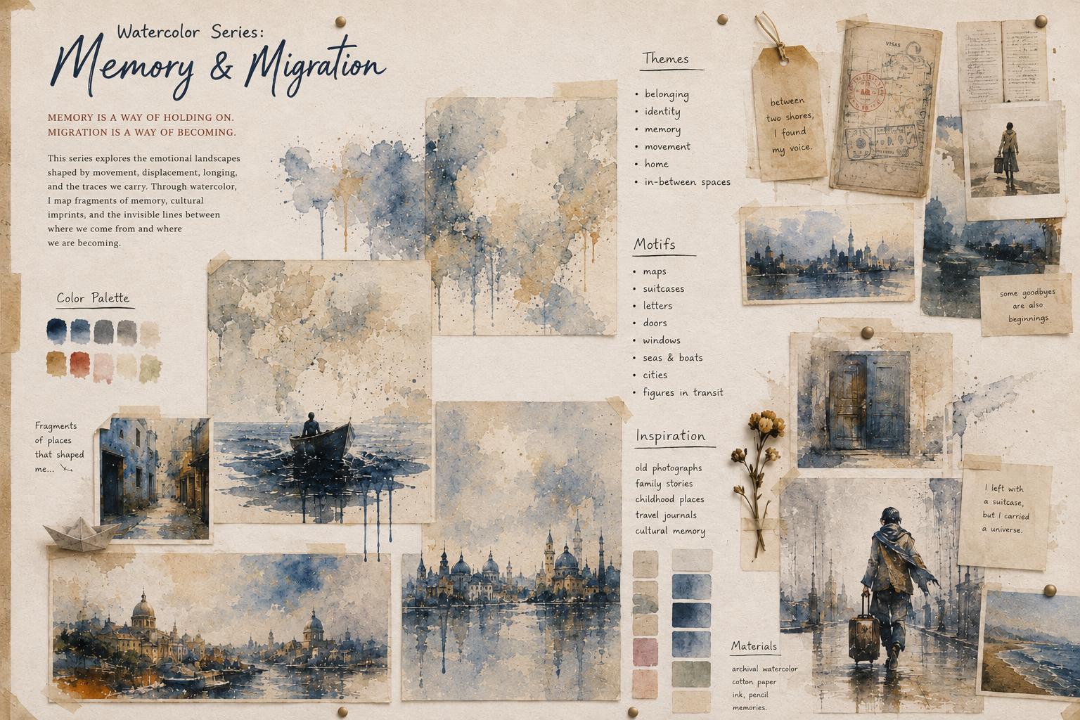 Watercolor Series: Memory and Migration mood board